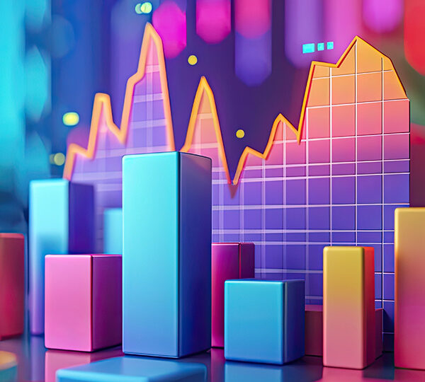 Bildbeschreibung: Das Bild zeigt eine bunte, grafische Darstellung von Balken- und Liniendiagrammen, die Finanzdaten und Markttrends visualisieren.