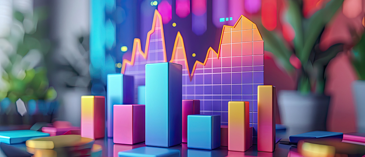 Bildbeschreibung: Das Bild zeigt eine bunte, grafische Darstellung von Balken- und Liniendiagrammen, die Finanzdaten und Markttrends visualisieren.