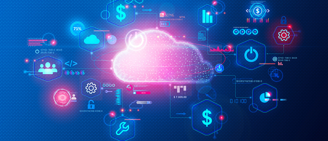 Bildbeschreibung: Ein neonblaues HUD zeigt vernetzte Symbole, die auf Technologien in der Cloud Computing- und Finanztechnologie hinweisen.