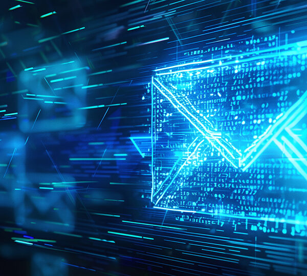 Bildbeschreibung: Das Bild zeigt ein digitales E-Mail-Symbol in blauer Neonoptik, umgeben von verschiedenen leuchtenden Linien und Symbolen, die einen schnellen Informationsfluss und moderne Kommunikation darstellen.
