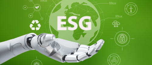 Bildbeschreibung: Das Bild zeigt eine Roboterhand, die ein Symbol für ESG (Environmental, Social, and Governance) vor einer grünen Erde hält, umgeben von Icons für Nachhaltigkeit und Umweltschutz.