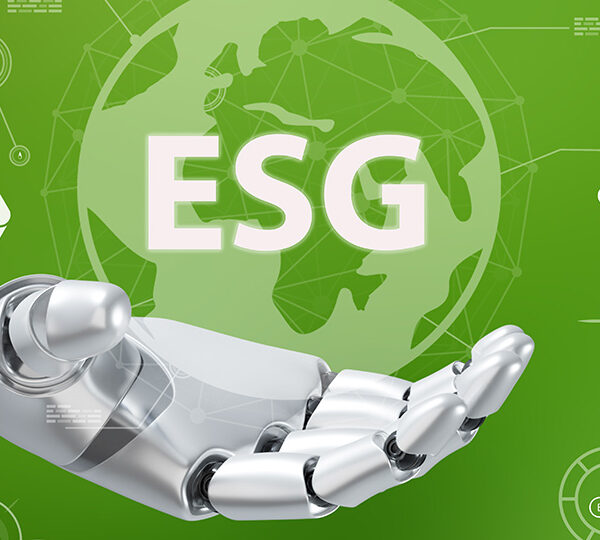 Bildbeschreibung: Das Bild zeigt eine Roboterhand, die ein Symbol für ESG (Environmental, Social, and Governance) vor einer grünen Erde hält, umgeben von Icons für Nachhaltigkeit und Umweltschutz.