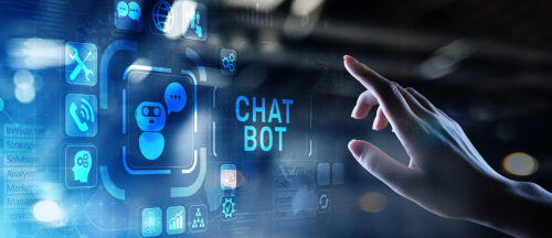 Bildbeschreibung: Eine Hand, die auf ein holographisches Interface mit der Aufschrift "Chatbot" zeigt, umgeben von verschiedenen Icons.