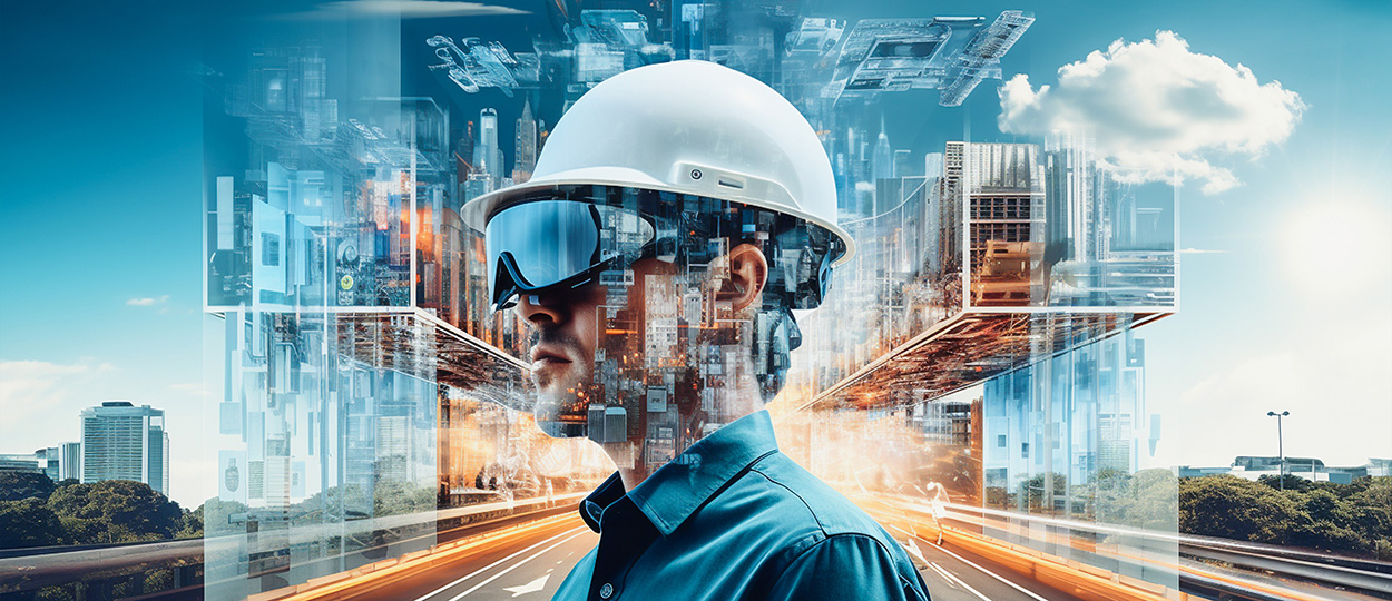 Bildbeschreibung: Ein Ingenieur mit einem Schutzhelm und VR-Brille steht im Vordergrund, während im Hintergrund eine futuristische Stadt und digitale Daten dargestellt sind, was die Integration von KI in der Bauindustrie symbolisiert.