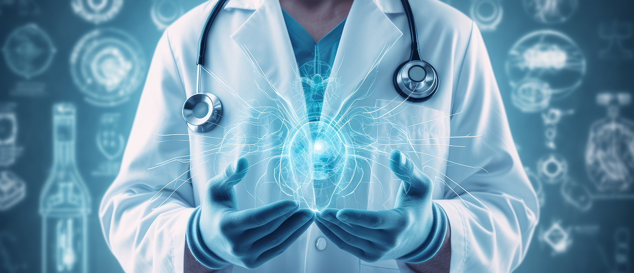 Bildbeschreibung: Ein Arzt hält eine holographische Darstellung eines menschlichen Herzens zwischen seinen Händen in einem futuristischen Labor.