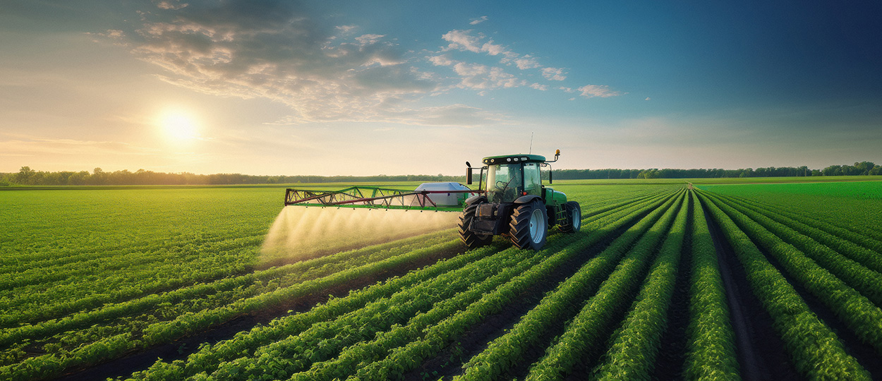 Bildbeschreibung: Ein landwirtschaftlicher Traktor sprüht Pestizide auf ein großes Feld bei Sonnenuntergang.