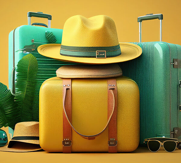 Bildbeschreibung: Das Bild zeigt einen Stapel Reisegepäck und Hüte vor einem gelben Hintergrund, ergänzt durch Sonnenbrillen und eine Palme, was auf Urlaub und Reisen hinweist