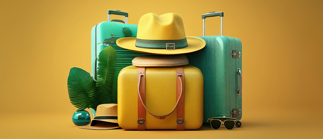 Bildbeschreibung: Das Bild zeigt einen Stapel Reisegepäck und Hüte vor einem gelben Hintergrund, ergänzt durch Sonnenbrillen und eine Palme, was auf Urlaub und Reisen hinweist