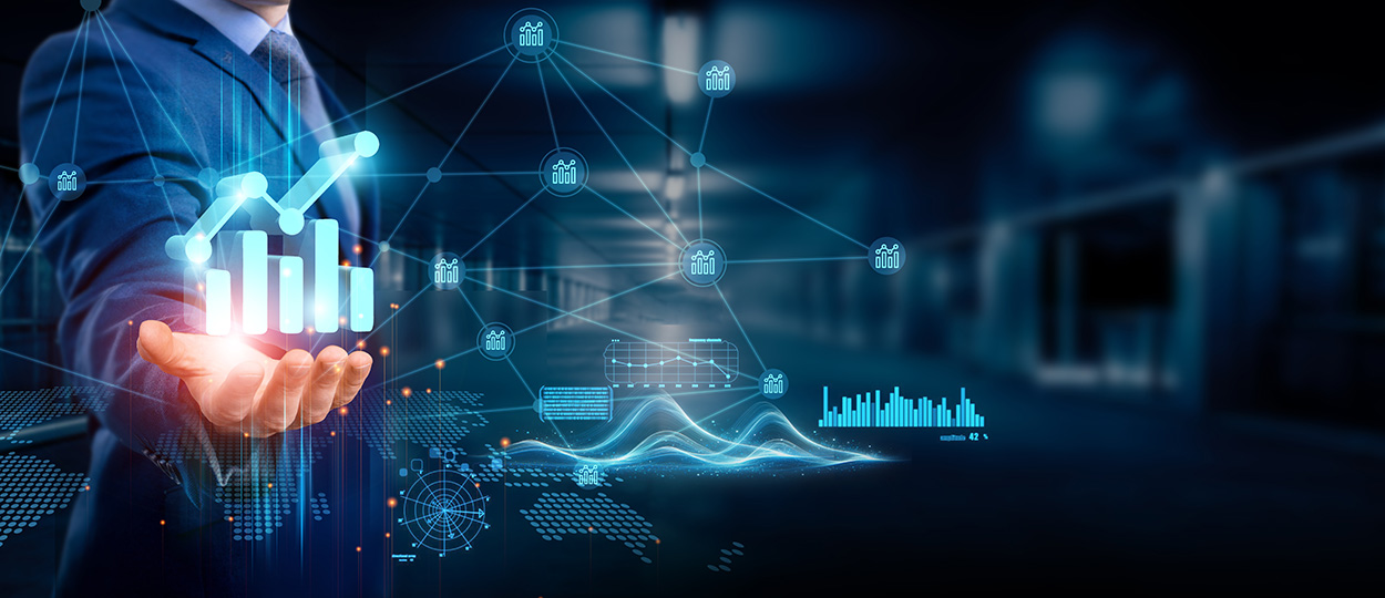 Bildbeschreibung: Das Bild zeigt eine digitale Darstellung von Datenvisualisierung und -analyse, wobei eine Person eine holographische Anzeige von Wachstumsdiagrammen und vernetzten Datenpunkten hält, was die Bedeutung datengetriebener Geschäftsmodelle und deren Einfluss auf die Unternehmensstrategien verdeutlicht.