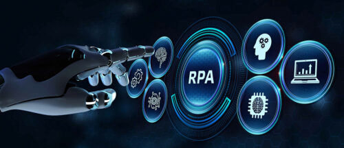 Bildbeschreibung: Eine Roboterhand zeigt auf ein zentrales Symbol für RPA (Robotic Process Automation), umgeben von verschiedenen Piktogrammen, die verschiedene Aspekte der Prozessautomatisierung darstellen.