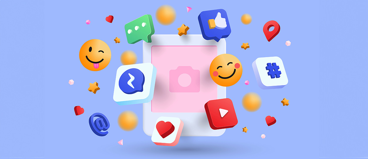 Bildbeschreibung: Das Bild zeigt bunte Social Media Symbole und Emojis, die lebhaft um ein Smartphone schweben und Interaktion darstellen.