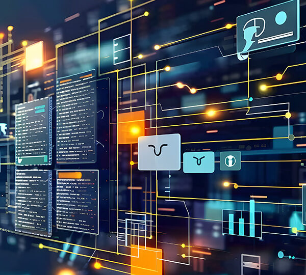 Bildbeschreibung: Das Bild zeigt eine abstrakte Darstellung der digitalen Transformation, visualisiert durch ein Netzwerk aus leuchtenden Linien, Symbolen und Datenfeldern, die einen komplexen und dynamischen Prozess suggerieren.