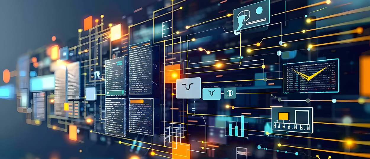 Bildbeschreibung: Das Bild zeigt eine abstrakte Darstellung der digitalen Transformation, visualisiert durch ein Netzwerk aus leuchtenden Linien, Symbolen und Datenfeldern, die einen komplexen und dynamischen Prozess suggerieren.